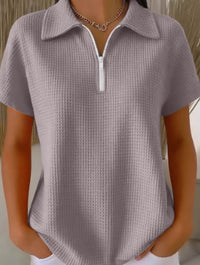 Pullover Drop-shoulder Half-zip Waffle-knit Short Sleeve