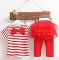 New Summer Striped Bow Girl-net Short Sleeve Set T-shirt 7 Skirt Pants