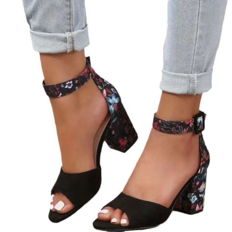 Embroidered Chunky Heel Women's High Heel Sandals