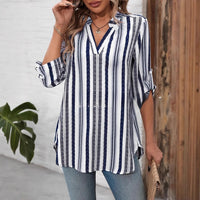 Womens Fashionable Striped Printed V-Neck Slim-Fit All-Match Long-Sleeve Shirt