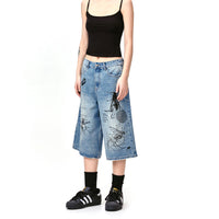 American Style Retro Street Graffiti Printing Destroyed Wormhole Cropped Jeans