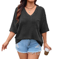 Fashionable Casual Womens Solid-Color V-Neck Top With Pockets And Three-Quarter Sleeves