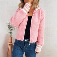 Simple Contrast Color Large Lapel Zipper Knitted Cardigan Loose Casual Sweater
