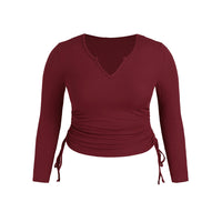Lady V-neck Drawstring Slim Long Sleeve Crop Top