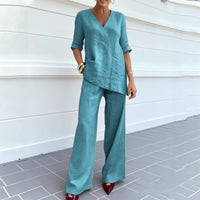 Casual Cotton-Linen Solid-Color Mid-Sleeve V-Neck Top And Straight-Cut Casual Pants Set