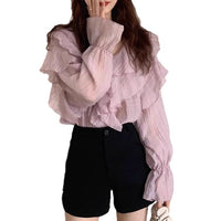 Womens Solid-Color Irregular Chiffon Long-Sleeve Shirt