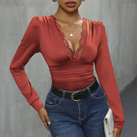 Elegant V Neck Jumpsuit With Lace Trimmed Sleeves For Women