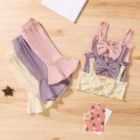 Children's Clothing Summer Girls' Sunken Stripe Cotton Bow Suspenders Short Shirt Bell-bottom Pants Suit