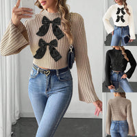 Ladies Bow Patchwork Flared Sleeves Mock Neck Sweater