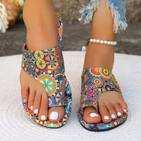 Flat-Heeled Printed Toe-Strap Roman Style Sandals