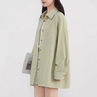 Color-block Vertical-striped Raglan-sleeve Loose-fit Shirt