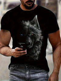 3D Digital Cool Wolf Contrast Color Eye Pattern Round Neck T-shirt, Men's Summer Outdoor Activity Fashion Top