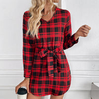 Fashionable Overseas Trade Plaid Long-Sleeve Belted Dress
