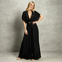 V-neck Solid-color Casual Cardigan Loose-fitting Set