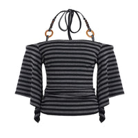 Retro Striped Off-Shoulder Flare-Sleeve T-Shirt