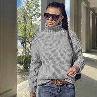 Loose Cable-knit Solid Color Turtleneck Sweater For Women