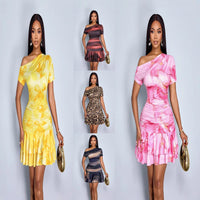 Elegant Printed One-shoulder Maxi Dress With A High Waist And A Figure-hugging Fit