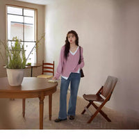 Plus-size V-neck Faux Two-piece Asymmetrical Slant-knit Sweater