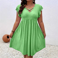 Womens V-neck Hollow-out Short-Sleeve Blouse Dress
