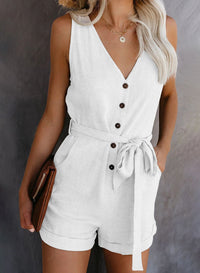 Women Playsuit Summer V Neck Sleeveless Button Belt Bow Casual Jumpsuit Solid Romper Elegant Tunic Short Overalls