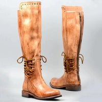 Womens Leather Boots With A Round Toe And Front Laces