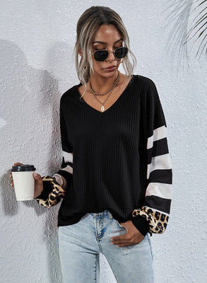 Striped stitching long-sleeved T-shirt women