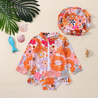 Girls Flower Print Sun Hat Sunscreen Swimsuit Suit