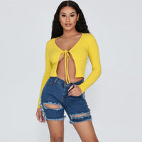 Hand-worn high waist denim shorts