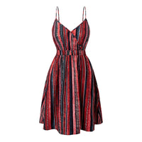 Striped Wrap Style V Neck Slip Dress With Thin Shoulder Straps And Elastic Back Straps