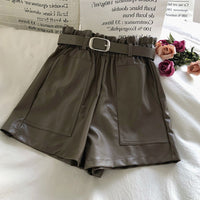 Double Pocket Solid Color A-Line PU Leather Pants With Belt