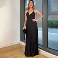 Solid Color Sleeveless V Neck Halter Backless Dress