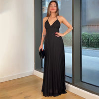 Solid Color Sleeveless V Neck Halter Backless Dress