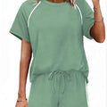 Womens Round-Neck Short-Sleeve Casual Shorts Two-Piece Set