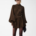 Autumn Small Stand-up Collar Long-sleeve Lace-up Dress