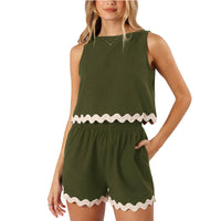 Summer Two-Piece Set Linen Lace-trimmed Crew-neck Tank Top And Short Pants