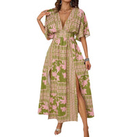 Sexy V-Neck Short-Sleeve Printed Waist-Cinching Dress