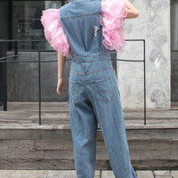 Sequin Flower Rhinestone With Mesh Flying Sleeve Denim Jumpsuit