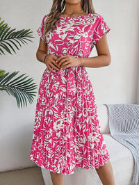 Women's Elegant Floral Print Short Sleeve Flowy Pleated Dress
