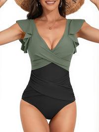 V-neck Lotus Leaf Flying High Waist Backless One Piece Swimsuit