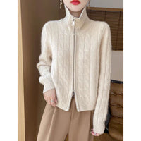 Womens Twist-Open Cardigan With Double Zippers And Lapel Collar
