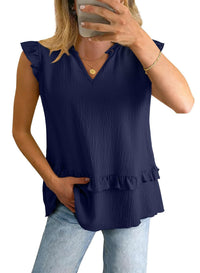 Womens V-Neck Ruffle-Trim Loose Casual Shirt