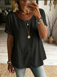 Women's Spring Summer Comfortable Casual Patchwork Hollowed-Out Trim Top T-Shirt