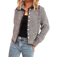 Commute Slim-fit Knitted Coat Polo Collar Stripes Contrast Color Single-breasted Sweater