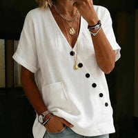 V-neck Solid-color Casual Cotton-linen Top With Buttons For Women
