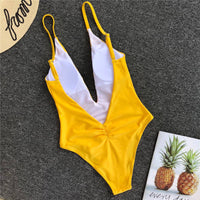 Solid color sexy one-piece swimsuit deep V-neck back pleated bikini