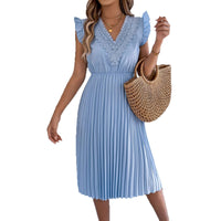 Casual Lace V-neck Ruffled-waist Pleated Dress