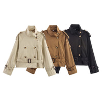 Notch-collar Short Trench Coat For Women With Belt Buckle Detailing