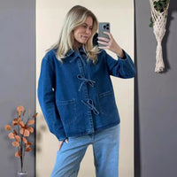 Denim Long Pocket Stand Collar Top