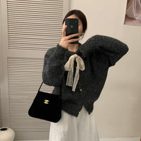 New Lace Lace-up Round Neck Heart Buckle Long Sleeve Plush Knitted Cardigan
