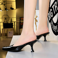 Simple High-heeled Square-toe Shallow-mouth Glossy Patent Leather Slippers
